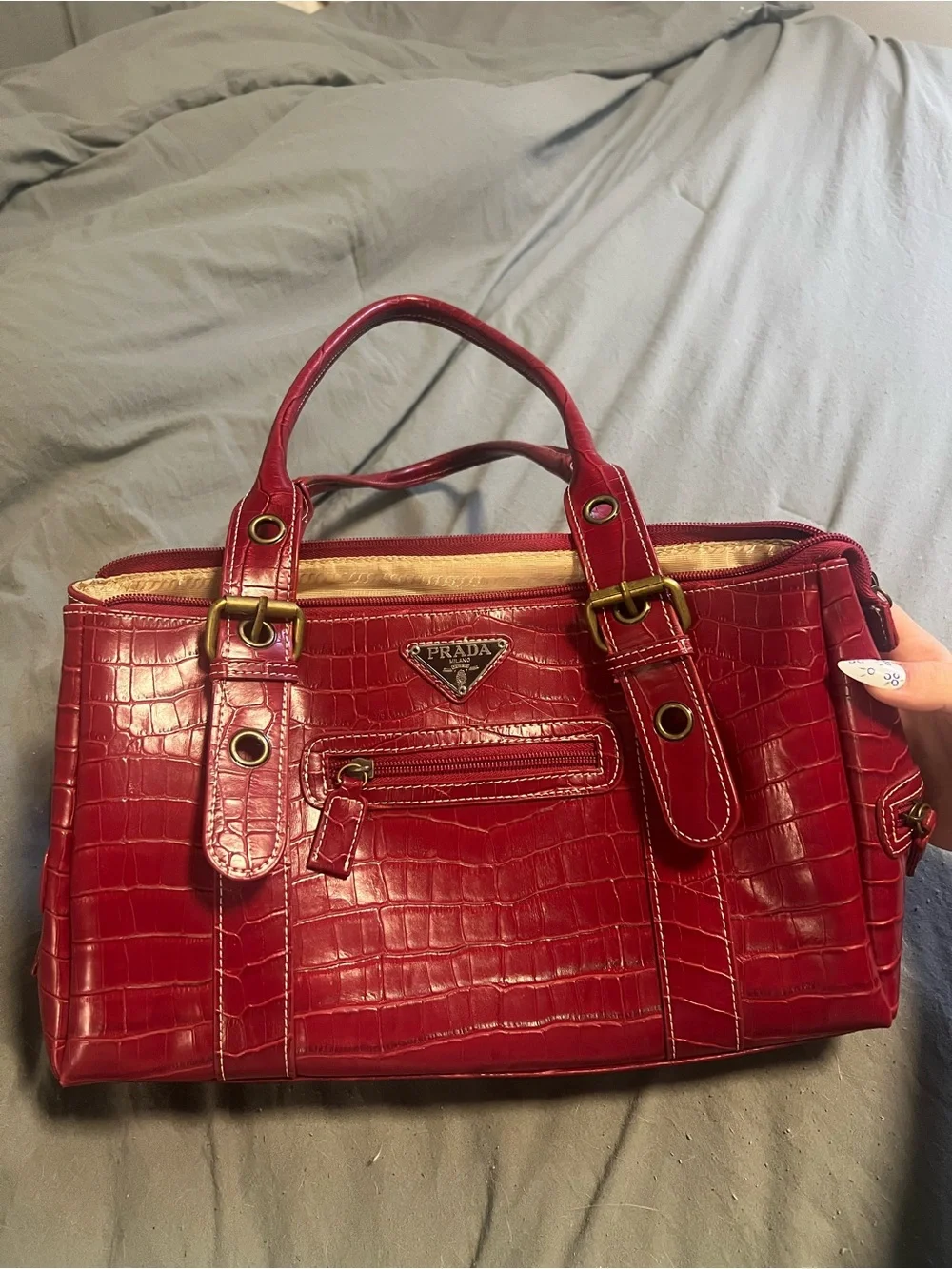 Prada Red Croc-Embossed Leather Satchel